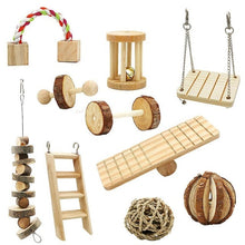 Load image into Gallery viewer, Hamster Chew Toys, 10 Pack Natural Wooden Pine Guinea Pigs Rats Chinchillas Toys Accessories Dumbells Exercise Bell Roller Tee
